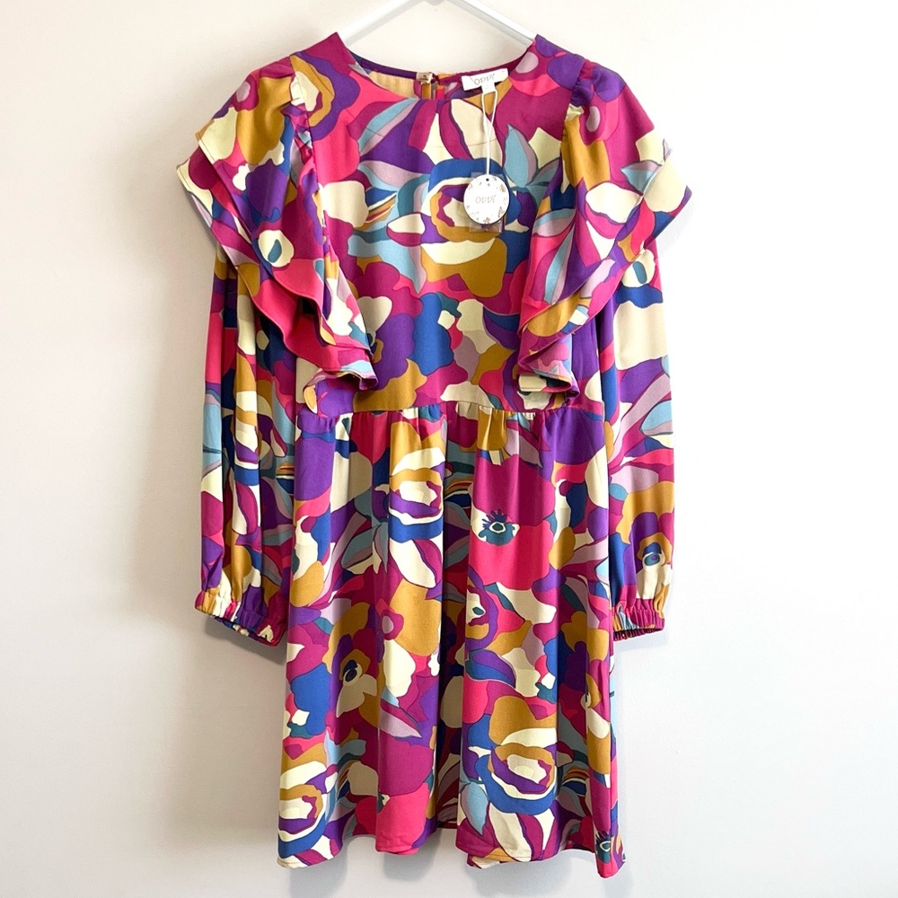 NWT ODDY Abstract Vibrant Floral Ruffle Long Sleeve Mini Dress - Picture 1 of 6